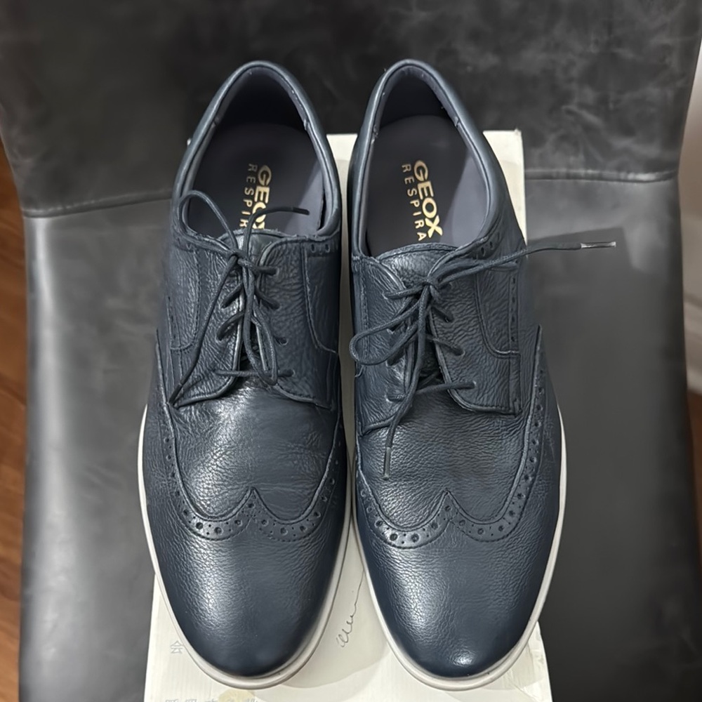 NWOT Geox Blue Oxfords with Wingtip Design and Intricate Detailing box included
